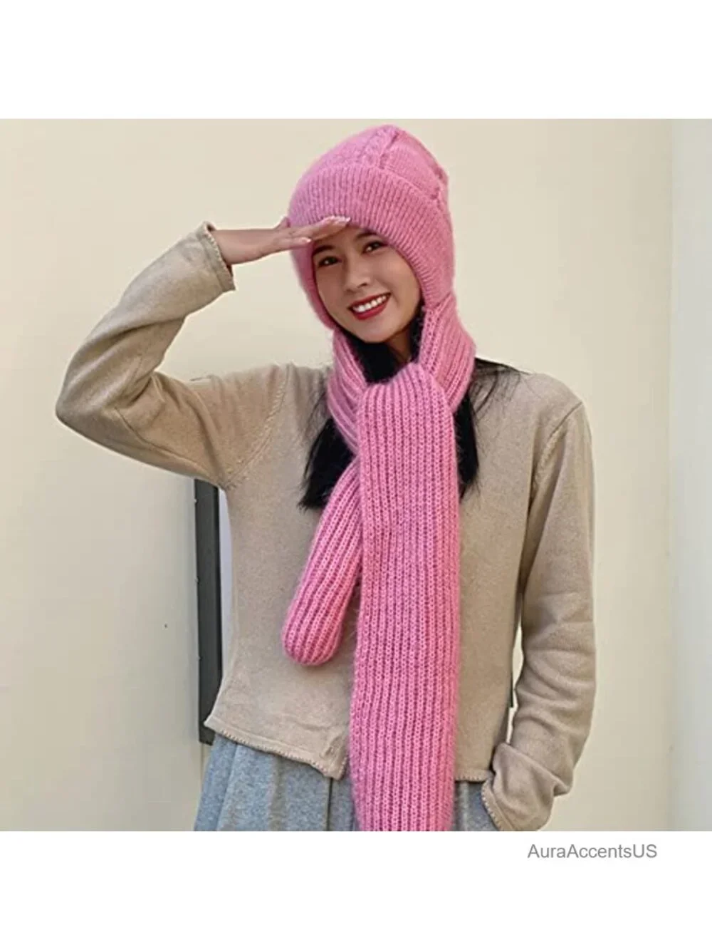 Fleece Lined Knit Beanie Hat with Scarf - Warm Winter Ear Protection